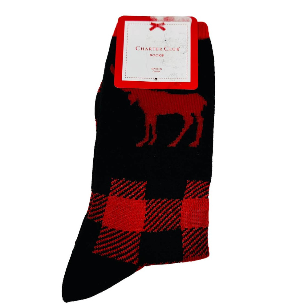 New Charter Clubโ Womans Holiday Black Red Deer Crew Socks Sz 9-11 NWT